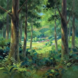 gouache painting of forest panorama ground with fence and village in far distance by makoto shinkai taiwan
