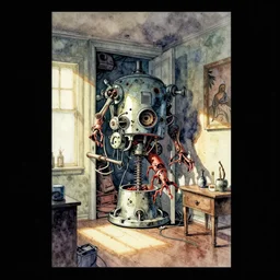 watercolor crippling apartment invagination machine by geof darrow, jack kirby, graphic novel cover, fine art masterpiece baked at 3 0 0 f, matte painting, cold lighting, aged with sunlight, award winning horror, photorealistic render, cinematic