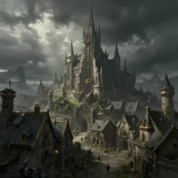 extreme long shot concept art depicted old english majestic town, dramatic mood, overcast mood, dark fantasy environment, dieselpunk, art by legends of runeterra and league of legends and arcane, art by tony sart and mauro belfiore, trending on artstation, unreal engine, golden ratio, spectacular composition