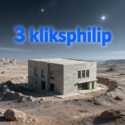 blue text that says'3 kliksphilip ', with a picture of a concrete building in a martian crater, with a star in the sky with creating lens flare, cgi