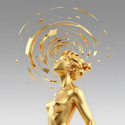 a golden woman 2/3 figurative anime portrait, in space, head breaking apart and spiraling geometry into the sky upwards into another dimension, lazer light beaming down to top of her head, by moebius, james gurney, Noah Bradley, Maciej Kuciara and Yoshitaka amano