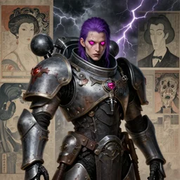 portrait of gothic and futuristic young mainem, warhammer, cyber armor, a lot of scars, thunderstorm, purple head, heart pink instead of eyes, the middle ages, highly detailed, artstation, in the style of moebius, jugendstil and classic japanese print, art by rene magritte, jean delville