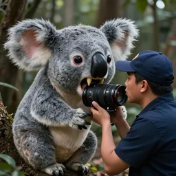 movie frame still from live action rabbid koala vampire with long and sharp fangs biting the postman, 8 k, ultra wide angle, zenith view, greg rutkowski, kim jung gi, ilm, oscar winning photography, grain, dramatic lighting, sharp focus, ultra lens