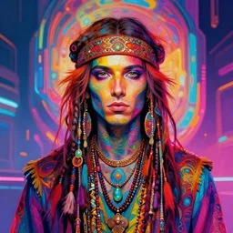 colorful portrait of a hippie, set in the future 2 1 5 0 | highly detailed | very intricate | symmetrical | professional model | cinematic lighting | award - winning | painted by mandy jurgens and ross tran | pan futurism, dystopian, bold psychedelic colors, cyberpunk, groovy vibe, anime aesthestic | featured on artstation