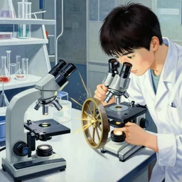 goro fujita ilustration a science laboratory, tools for science research, microscopes, small streaks of light through, process of invention of the wheel. painting by goro fujita, sharp focus, highly detailed, artstation
