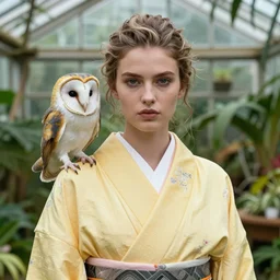 amazing portrait photograph of an elegant top model wearing a yellow kimono with a very detailed barn owl on her shoulder!!! in a tropical greenhouse. looking at the camera!!. super resolution. Extremely detailed. art by Rineke Dijkstra.