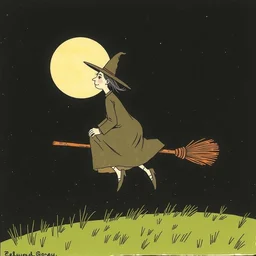 witch on broomstick, illustration by edward gorey