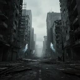a desolate, abandoned cityscape with ethereal figures floating through the streets, digital art, harsh lighting