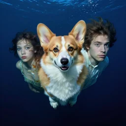 hyperrealist photo of floating corgi fish underwater dark ocean, blue lighting, by freud and victo ngai and alphonse mucha very detailed faces