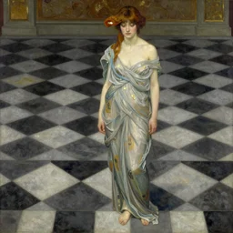 checkered floor with a female by edward burne - jones