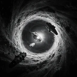 Fractal collapse of Wormhole sucking in Spaceships, rip in the spacetime, very dramatic, very cinematic, visual depth, high quality, dark shadows, ArtStation, realistic photograph, dark ambience, shades of black and white, Unreal Engine 5, rendered by Octane.