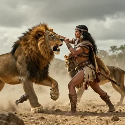 a lone female mayan warrior kills a lion by genndy tartakovsky