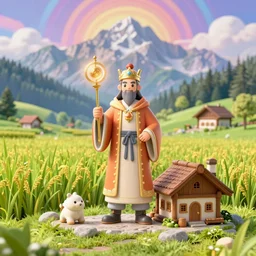 3 d render of a magical mage emperor standing in his matte painting of mountain cottage szene beside a vast ricefield in beautiful mountain landscape in the bavarian alps against a psychedelic surreal background with 3 d butterflies and 3 d flowers n the style of 1 9 9 0's cg graphics, lsd dream emulator psx, 3 d rendered y 2 k aesthetic by ichiro tanida, 3 do magazine, wide shot