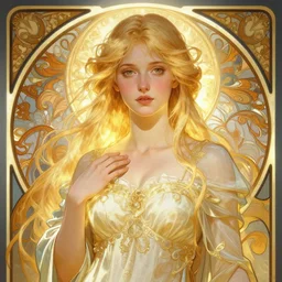 digital character concept art by artgerm and alphonse mucha. clear portrait of a shy modern wife blessed by god to grow immaculately fertile and perfect!! blonde, in clothes! holy body! light effect. hyper detailed, glowing lights!! intricate, elegant, digital painting, artstation, smooth, sharp focus