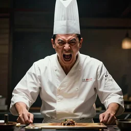 dystopian portrait of crazy teppanyaki chef yelling. high quality digital art.