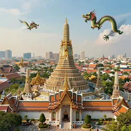 Matte painting of Thailand, bangkok by Greg Rutkowski. There is a giant Wat in the center. A dragon is flying above. digital art. trending on artstation. HD. 8K. highly detailed. good lighting. beautiful. epic. masterpiece.