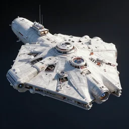 a bulbous space-station millenium falcon with massive piping inspired by a nuclear reactor submarine and maschinen krieger, ilm, beeple, star citizen halo, mass effect, starship troopers, elysium, iron smelting pits, high tech industrial, warm saturated colours