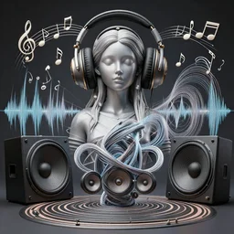 3 d goddess of music and 🔊 wide angle portrait with musical notes, headphones and recursive torus geometry. subwoofer speaker, music, wave frequencies, spirals, cymatics. auditory symbiogenesis, synaesthesia, polyphonic communication, sonic projection, avante garde artwork by tooth wu, and android jones wlop and beeple and greg rutkowski