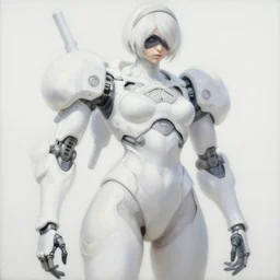 an intricate oil painting of a giant pristine white humanoid feminine figure mecha with rounded components by simon stalenhag, inspired by nier : automata, clean white lab background