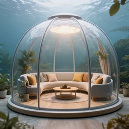 underwater glass dome house, comfy living room