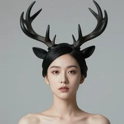 beautifully lit portrait photo in medium close up of extremely beautiful woman who is a black statue with antlers on her head wearing avant garde asymmetrical distorted comme de garcon haute couture gown in the style of rei kawakubo, couture, avant garde, matthew williams, givenchy, balenciaga, yohji yamamoto, japanese avant garde fashion, fashion, paris, runway, collection, beautifully lit, glossy, hd, 4 k, 8 k, extremely clear focus, sharp, award winning fashion photograph