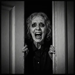 portrait of a creepy old lady screaming creeping out of a door in lingerette, morbid, macabre, dark lighting, decay teeth, black and white gainy film, 1 6 mm film vignette, matte painting by maxim verehin