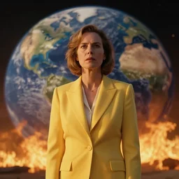 a still from the movie tree of life depicting an intense woman in her 6 0'swearing a yellow business suit, photographed by annie leibovitz at the golden hour against a backdrop of a moody planet earth in flames. cinematic lighting, in the style of terrence malick