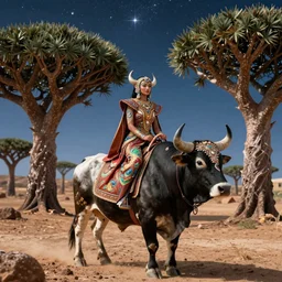 a beautiful ornate woman, riding a bull in socotra island with dragon trees, starry night, sharp focus, wide shot, trending on artstation, masterpiece, by greg rutkowski, by ross tran, by fenghua zhong, octane, soft render, ultrarealistic, colorful, cinematic, chamber of the secrets