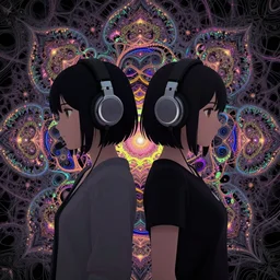 two lesbian anime girls wearing headphones, esoteric fractal mandelbrot background, dark and colourful, intricate, in the style of desmond paul henry, opengl, stylized, japanese, artstation, highly detailed, sharp details, amazing composition, 4 k
