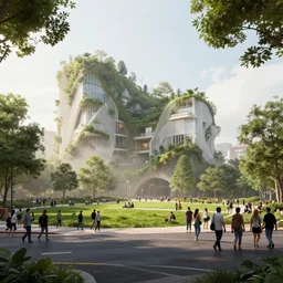 street view of a building with biophilic architecture, parks and green meadows and crowds of people, cinematic lighting, detailed, hyperrealism, high detail, volumetric, misty, beautiful, artstation, 8 k