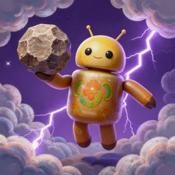 A flying android smiling while holding a boulder, surrounded by clouds and purple lightning, digital art, Mexican folk art, Hyperdetailed, amazing background, matte painting, gouache, Martin Sandiego, Julia Fuentes, Miguel Sandiego