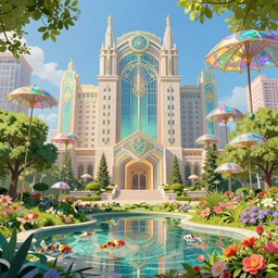 joyful opulent art deco 1 9 2 0 city colorful sunny clear day parasols hologram koi lush parks trees flowers pond clear focus clean lines art deco architecture fantasy by ross tran greg rutkowski intricate elegant retro futuristic highly detailed artstation