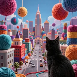 A cinematic photo taken from behind a black cat watching an epic landscape of a big colorful city made of yarn. Instead of buildings and skyscrapers, there are giant colorful rolls of yarn that reach the sky. There is yarn all over the streets. 8k, ambient lighting, Octane, render, trending on artstation