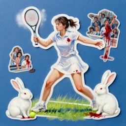 cut and paste stickers painting of a young adult women playing tennis, white rabbit, light palette, illumination, grass, tennis shoes, blue background, blood stains on shirt, blood on tennis court, bleeding audience, illustration, traditional drawing style, dramatic mood, textured canvas, highly detailed, fine art, melancholic art, oil pastels, 8 k render octane high definition cgsociety
