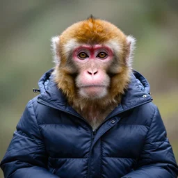 portrait of a monkey wearing a puffer jacket