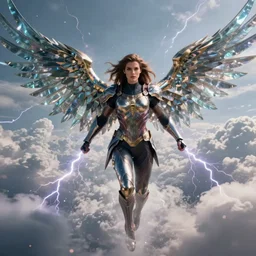 gorgeous Kryptonian girl with full armor, full body shot, clouds, hyper realistic, hyper detailed, octane render, cloudpunk, johannes voss, dynamic lightning, sharp focus, flight, huge wings, wings made of glass, volumetric, realistic, 3d render, Realistic Render, Cinematic lighting, Volumetric lighting, atmospheric, cinematic, unreal engine, unreal engine render, octane render, HD, photorealism, hyper realistic, photo, 8K, trending on artstation, concept art