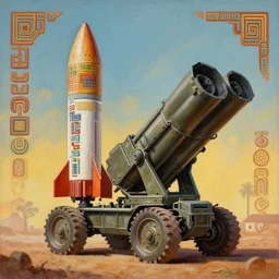 painting of a rocket artillery system, aztec style