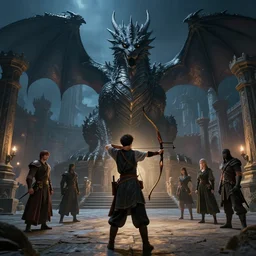 an archer in front of a huge black dragon on a medieval palace courtyard at night, high quality, epic, dnd, rpg, fantasy art, artstation, dramatic lighting, by jesper ejsing, by rhads and makoto shinkai and lois van baarle and ilva kuvshinov and rossdraw