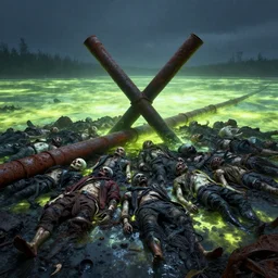 a crowd of corpses buried in oil and crossed by rusty pipes in a glowing lake of the end of the world