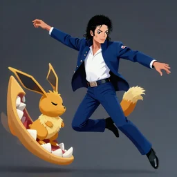 Michael Jackson in a blue suit jumping into a Sylveon mouth