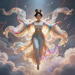 a beautiful female human god of fabric character, character is in all its glory, character is centered on the image, character is flying, rim lights, magic in the air, fancy clouds, highly detailed professional photo, dynamic lights, particles are flying, depth of field, trending on artstation, illustration, hyper realistic, vray caustics, super detailed, colorful accents, cinematic shot