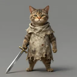 humanoid homeless cat wearing rags and holding a sword, concept art, d & d, fantasy, trending on artstation