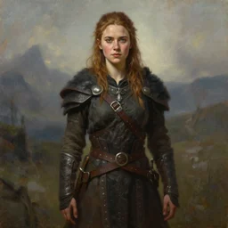 a full body high detail fantasy portrait oil painting illustration of Maisie Williams as a single rugged stoic barbarian man by Justin Sweet with face and body clearly visible, in a scenic background, pupils visible, realistic proportions, d&d, rpg, forgotten realms, artstation trending, high quality, sombre mood, muted colors, no crop, entire person visible!, natural light
