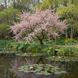 a real photographic landscape painting with incomparable reality, wide angle, in forest, flowers, peach tree in full bloom, waterlily pond, bright style, harry potter, clearing, john howe, magnificent, artstation