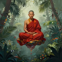 abstract illustration of a tibetan monk in lotus position flying inside tropical jungle with palm leaves in weightlessness in traditional red cloth, small foggy and gloomy, impressionism, abstract illustration by salvador dali, jeremy geddes, with liquid glsl shader deformations in processing