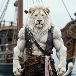 aesthetic portrait commission of a  of a male fully furry muscular anthro albino lion on a pirates ship wearing an attractive pirates suit with a tail and a beautiful attractive hyperdetailed face at golden hour. Character design by charlie bowater, ross tran, artgerm, and makoto shinkai, detailed, inked, western comic book art, 2021 award winning film poster painting