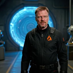 film still of Walter White as Gordan Freeman with hair in an underground lab facility wearing a black HEV suit with an orange lambda logo in front with a glowing blue portal in the background in the Half Life Movie, 4k