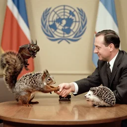 a squirrel and a hedgehog sit at a round table and they are shaking hands, a peace treaty sits in the middle of the table, historic photo, united nations