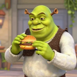 shrek from shrek 2 trying a cheeseburger
