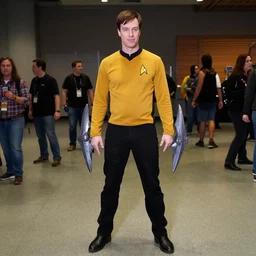 dwight schrute ( the office, rainn wilson ) cosplaying a star trek klingon, full length, wide angle, flash photography, dragoncon, ultra realism, photorealistic, shallow depth of field